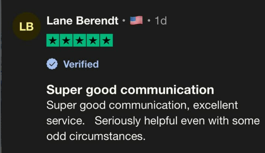 Lane Berendt — 5-star Trustpilot review